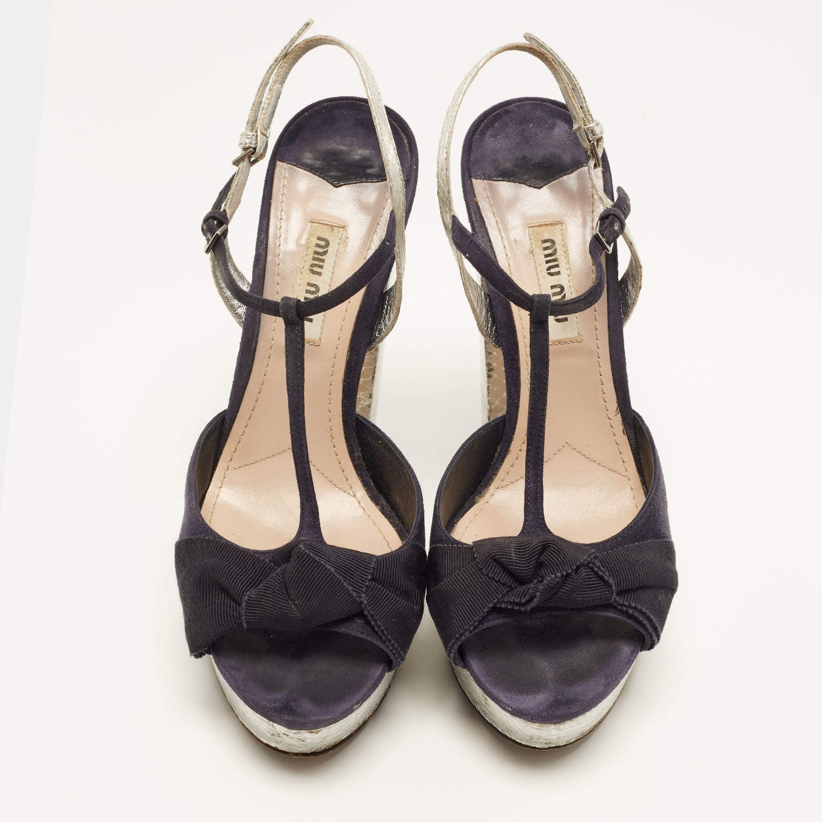 Miu Miu Size 37 Silver Navy Blue Snake Print Leather and Suede Ankle Strap