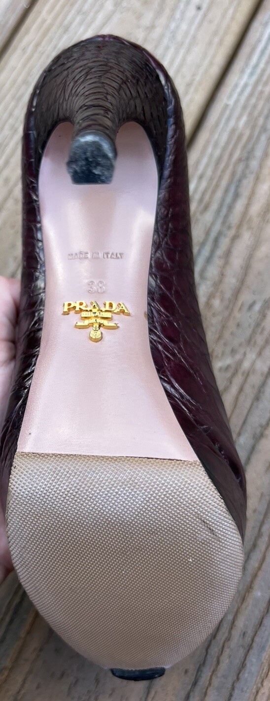 Prada Red Textured Leather Platform Semi Pointed Toe Slim Heel Pumps size 38