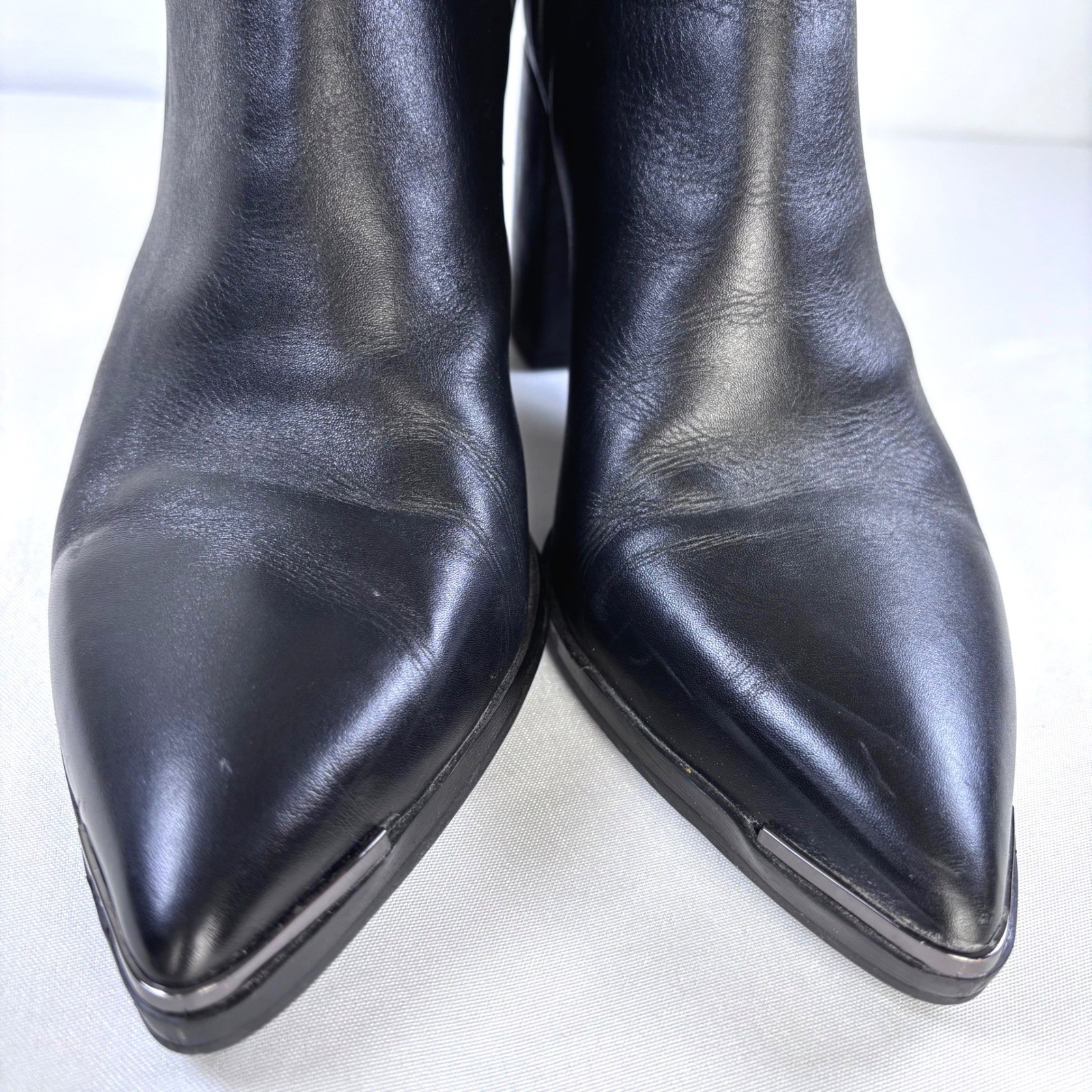 Tony Bianco Bello Black Jetta Polish Ankle Boots Block Heel Silver Toe Womens 10