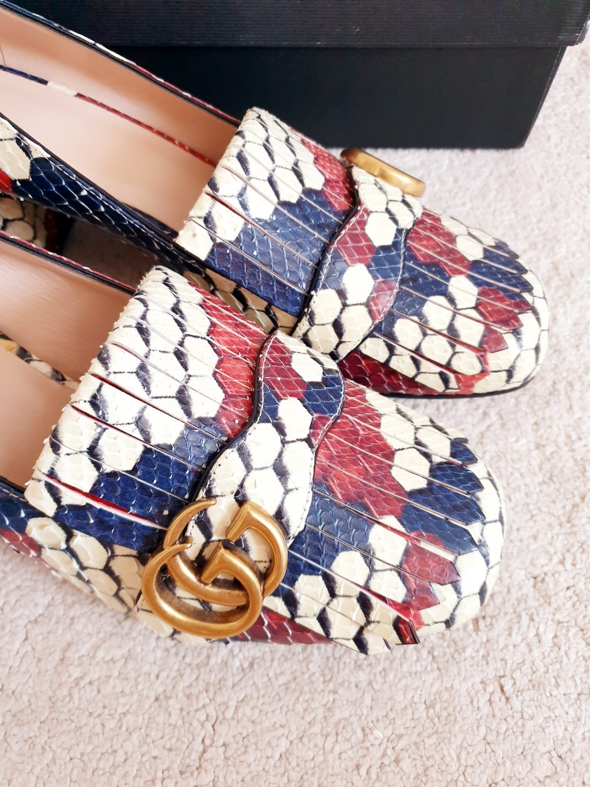 New Gucci Marmont Multi Fringed Leather Mid Heeled Court Shoes UK 6 EU 39 US 9
