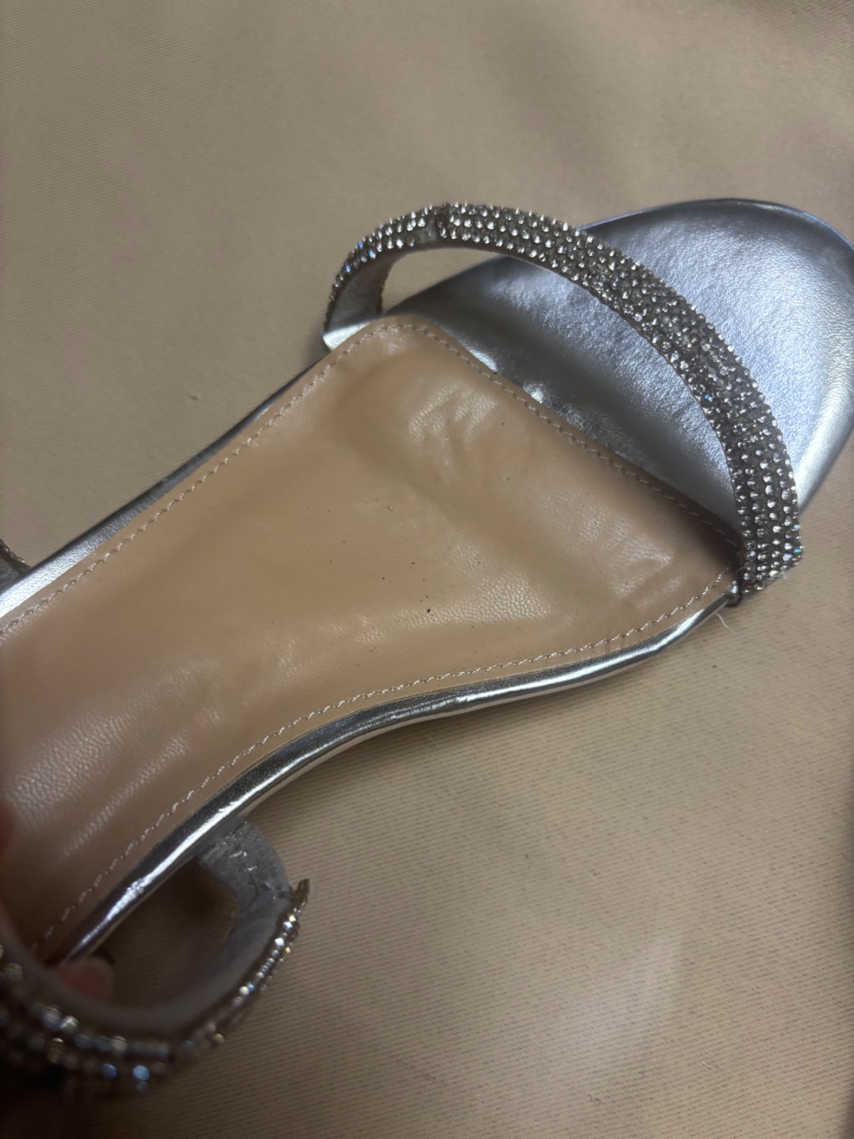 JustFab Block Heel Women’s Silver Chloe Slip On Strap Beaded Clear Sz 10 READ