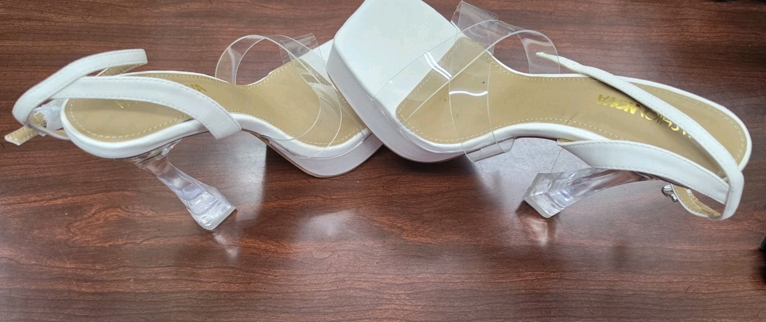 Fashion Nova White Clear Strap Black Heel Sandals Ankle Strap Womens 8.5 Glam