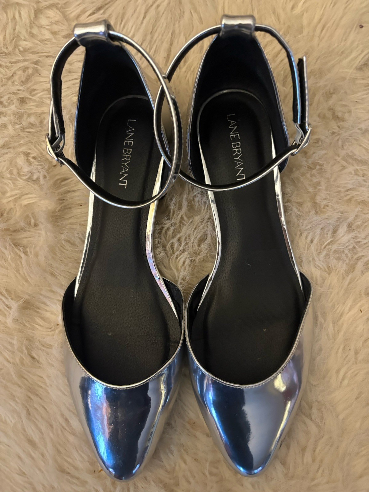 Lane Bryant 11W Silver Flat Shiny Ankle Strap Covered Toe Pointy Comfort Sleek