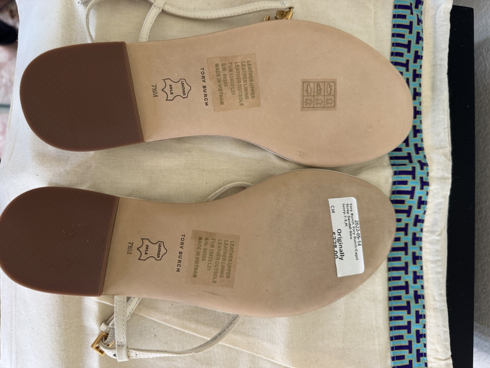 Tory Burch Capri T-Straps Thong Sandals/ New Ivory/ US 7.5M/$195 NIB + shoe bag