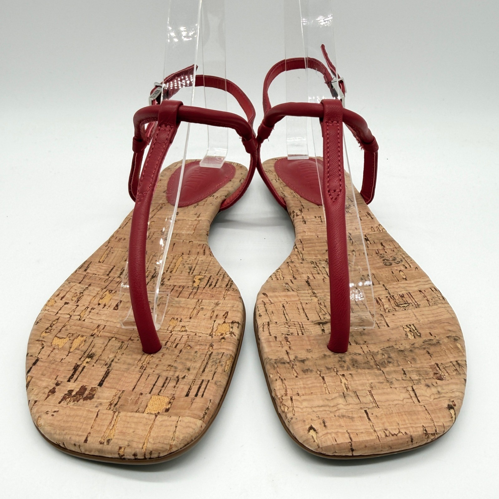SCHUTZ Elsha Sandals Womens 7B Red Cork Strappy Flat Thong Buckle Ankle Strap