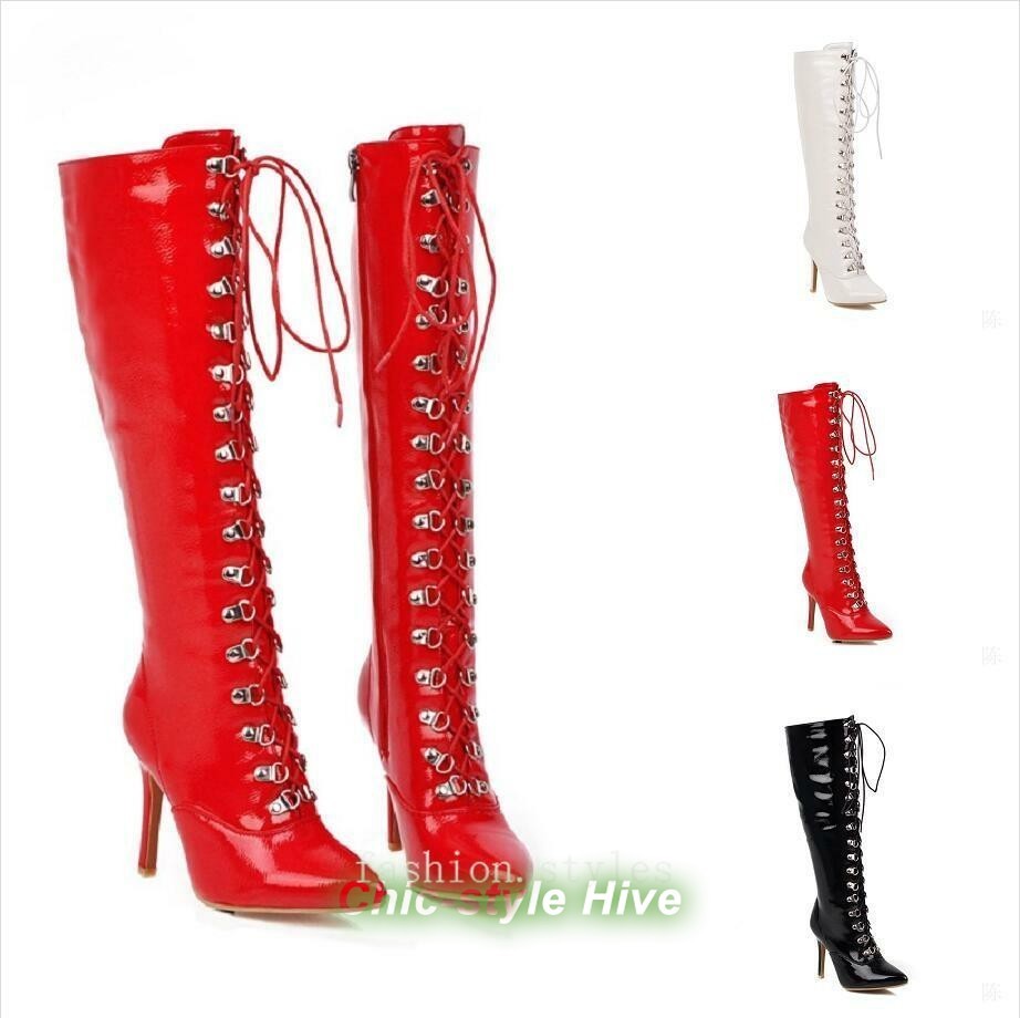 Women Patent Leather Knee High Riding Boots Slim Heels Lace up Zipper Shoes 4-13