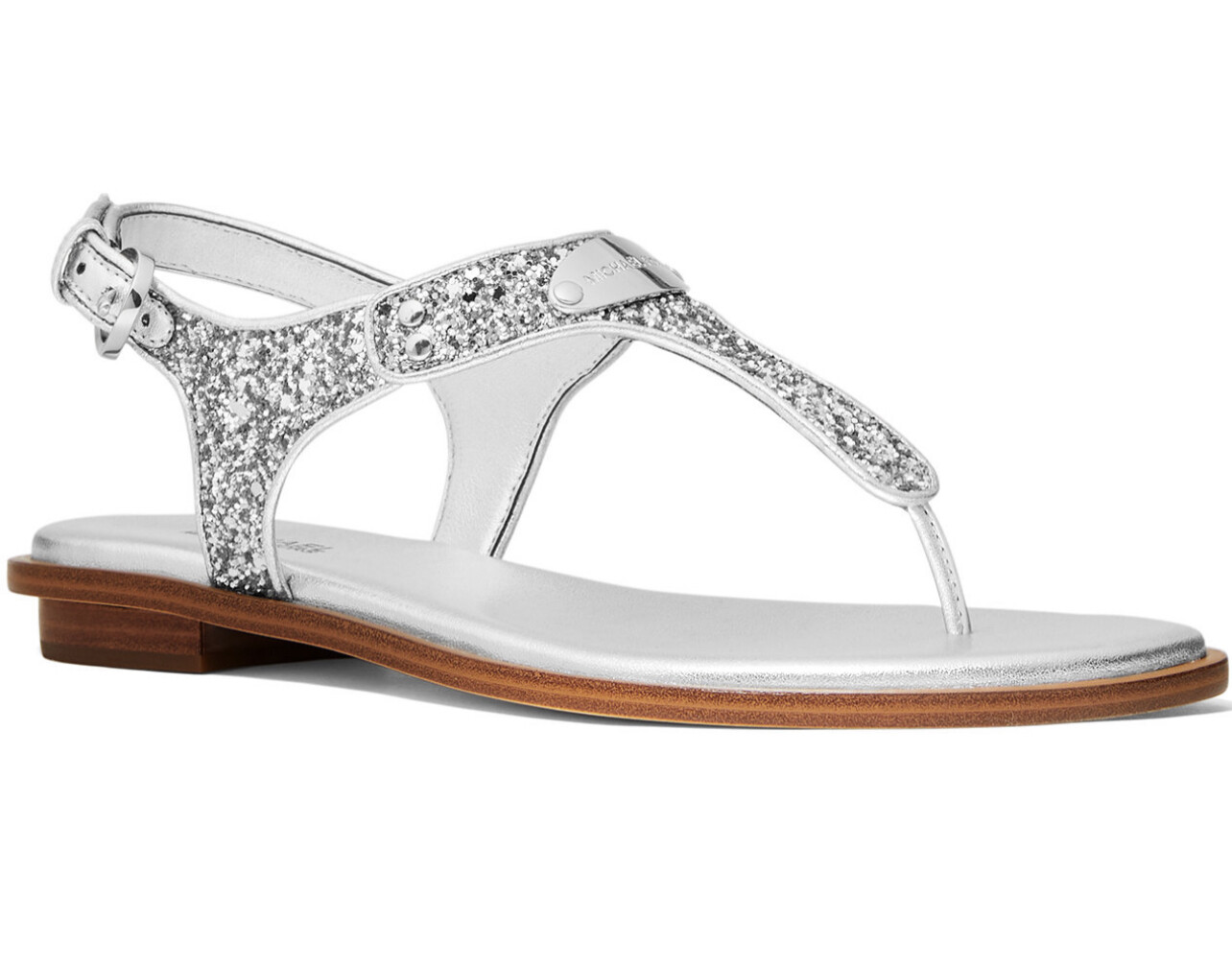 New Size 5.5 Michael Kors MK Plate Logo Silver Glitter Sandal BRAND NEW