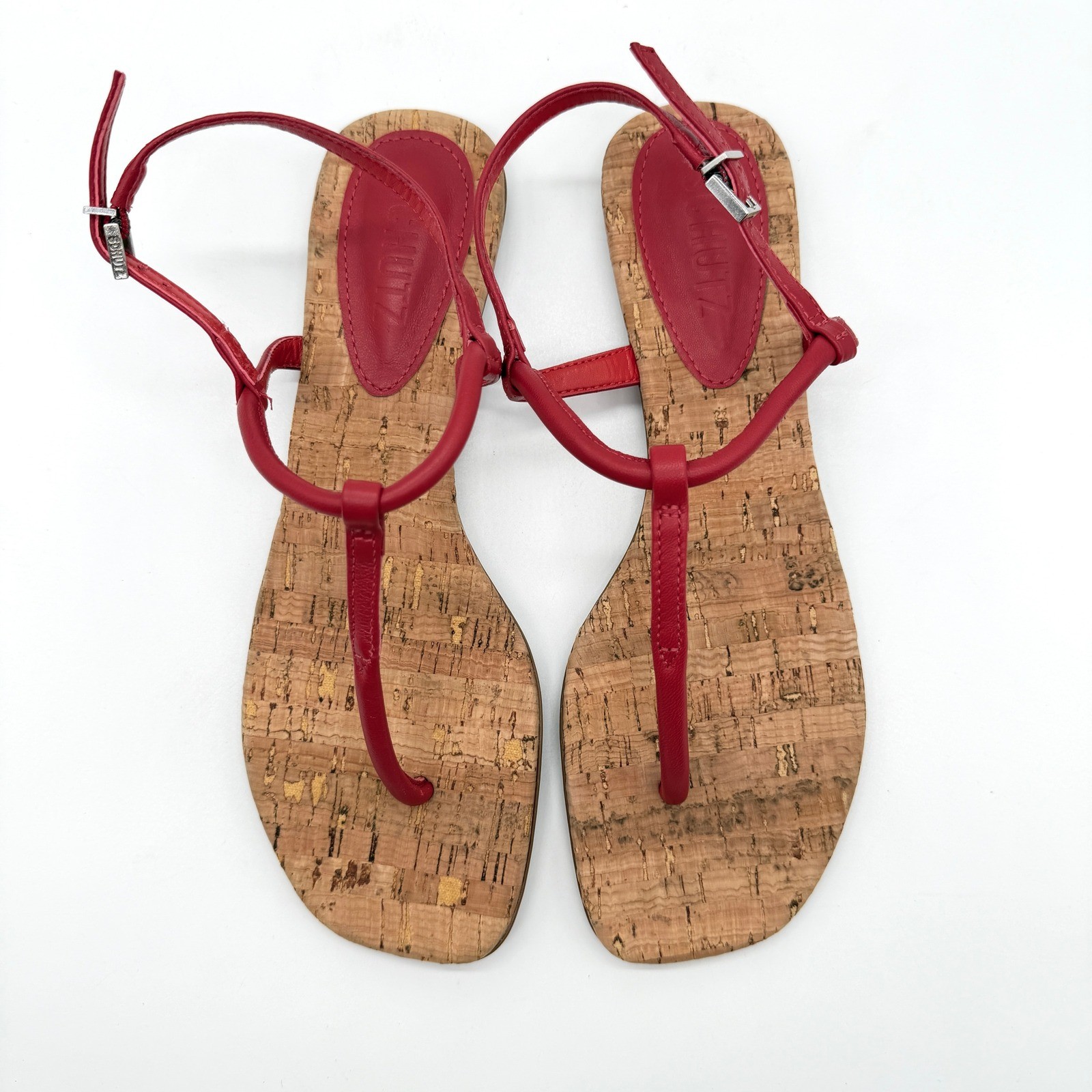 SCHUTZ Elsha Sandals Womens 7B Red Cork Strappy Flat Thong Buckle Ankle Strap