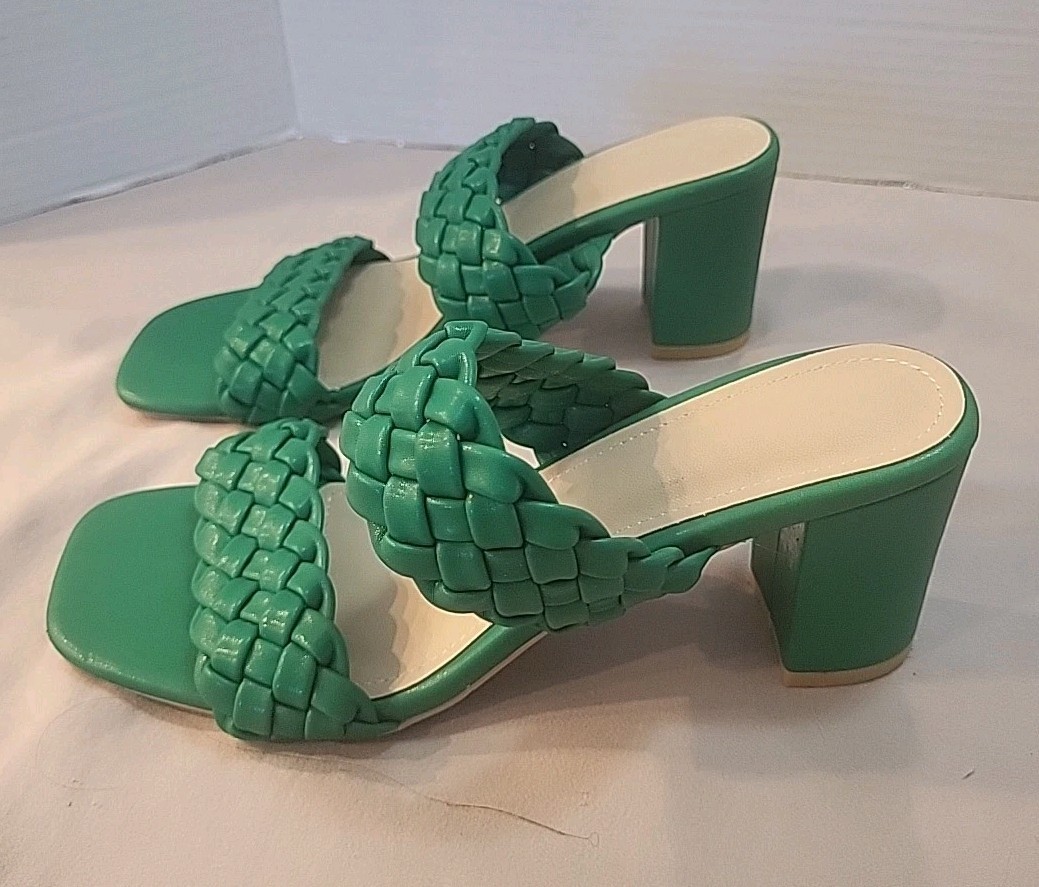 Women’s Evening Heels Green Dress Sandals Square Toe Size 6.5 M 2.5″ In Heels