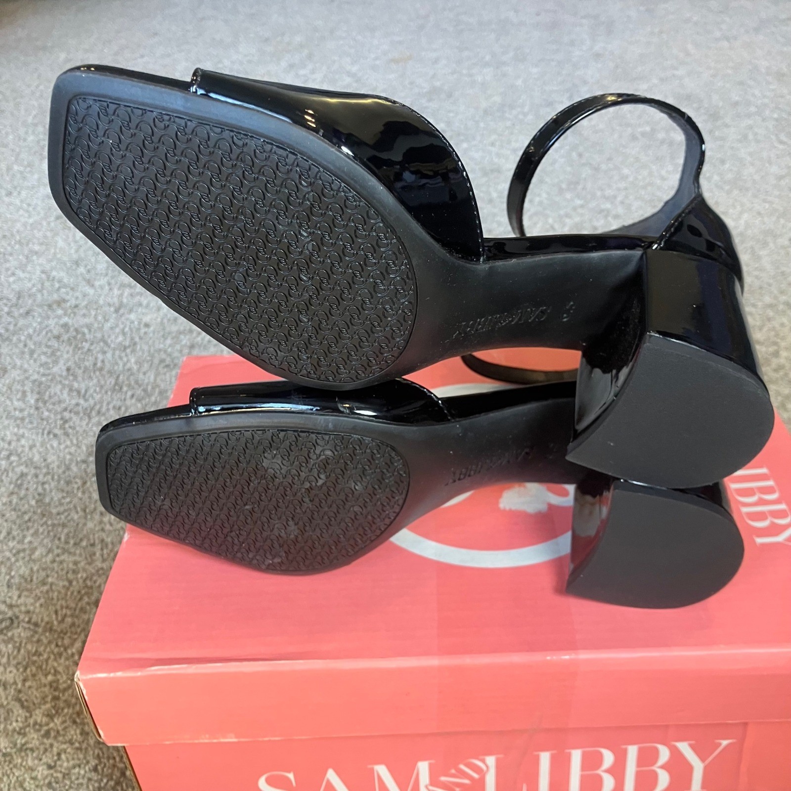 Sam and Libby Leanne Black Patent Block Heel Ankle Strap Sandal 6.5 NIB Orig $70