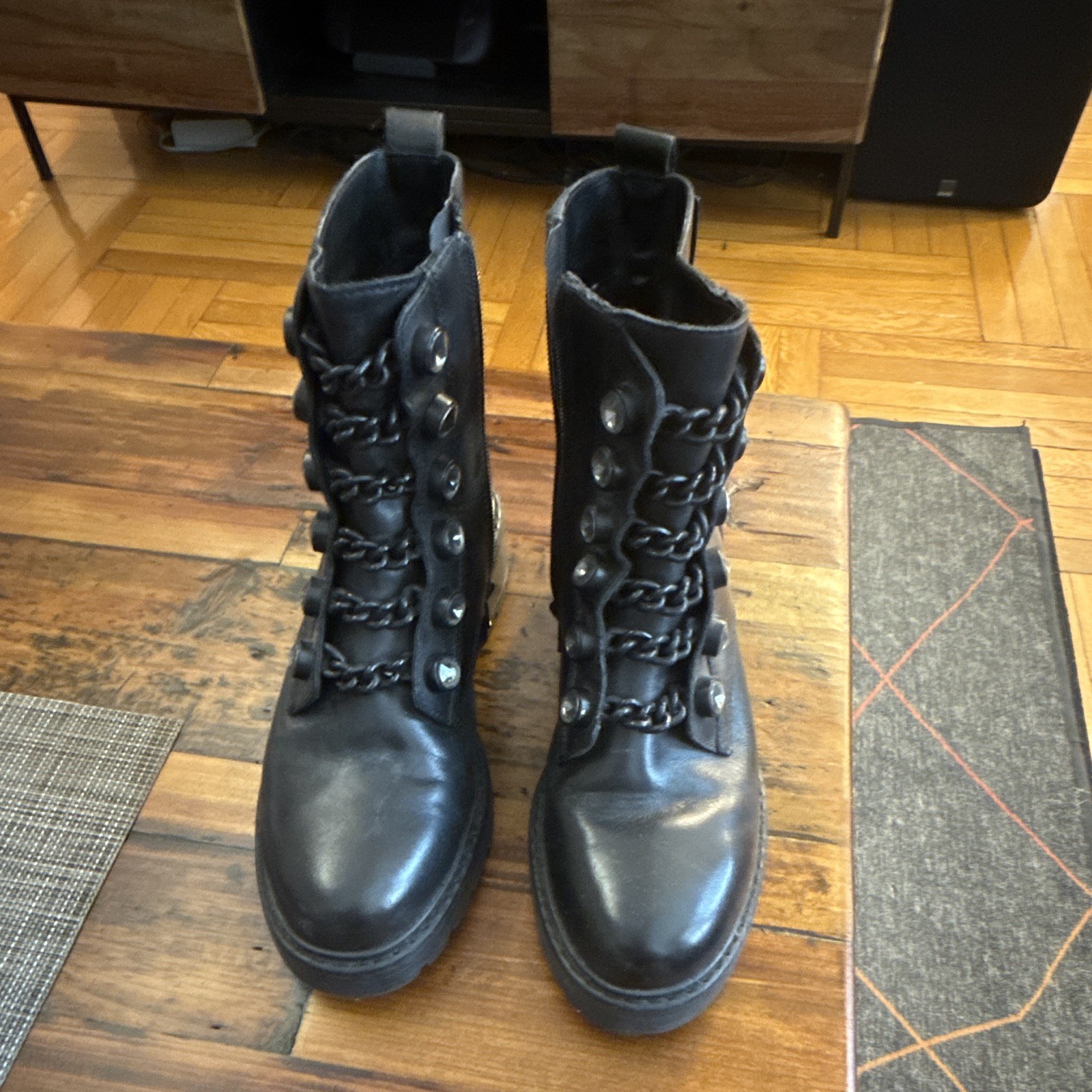 Kurt Geiger London Women’s Black Leather Combat Ankle Boots Zip, US 6.5