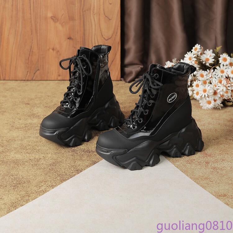 Women’s Leather Ankle Boots Lace Up Shoes Round Toe Hidden Wedge Platform Retro