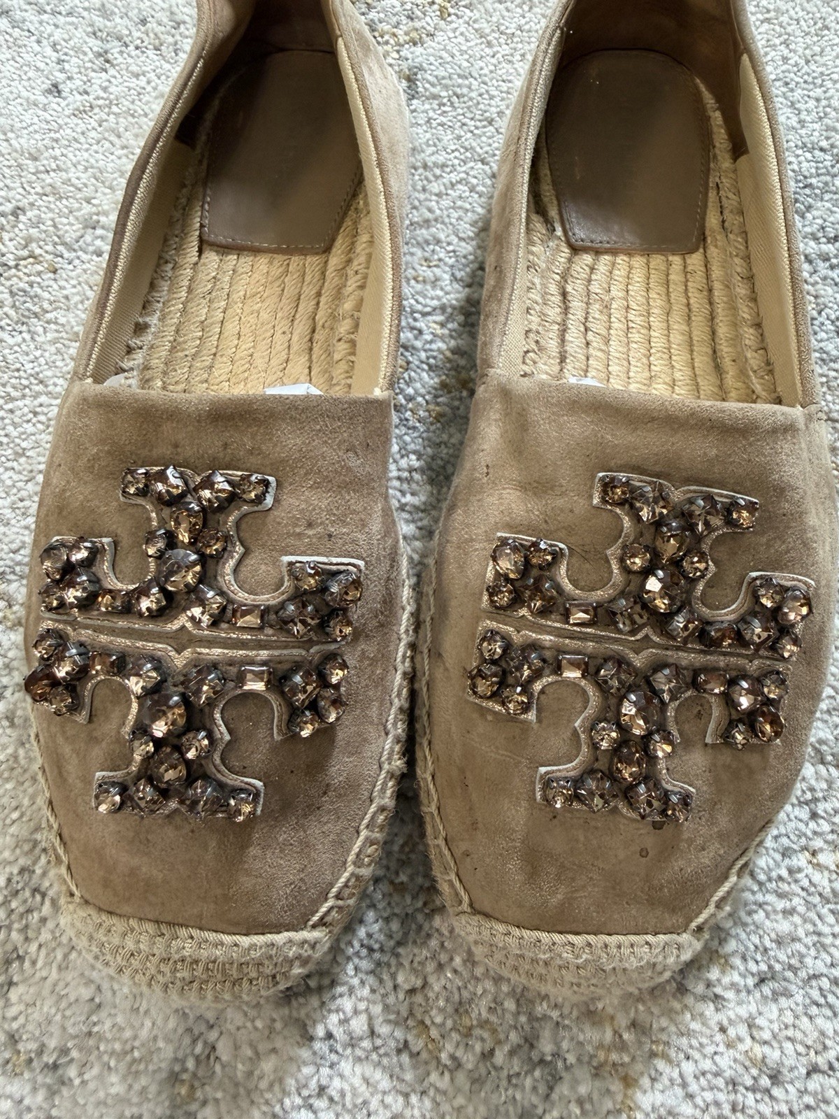 Tory Burch Ines Embellished Suede Espadrilles Taupe Tan Crystal Logo Flats 8