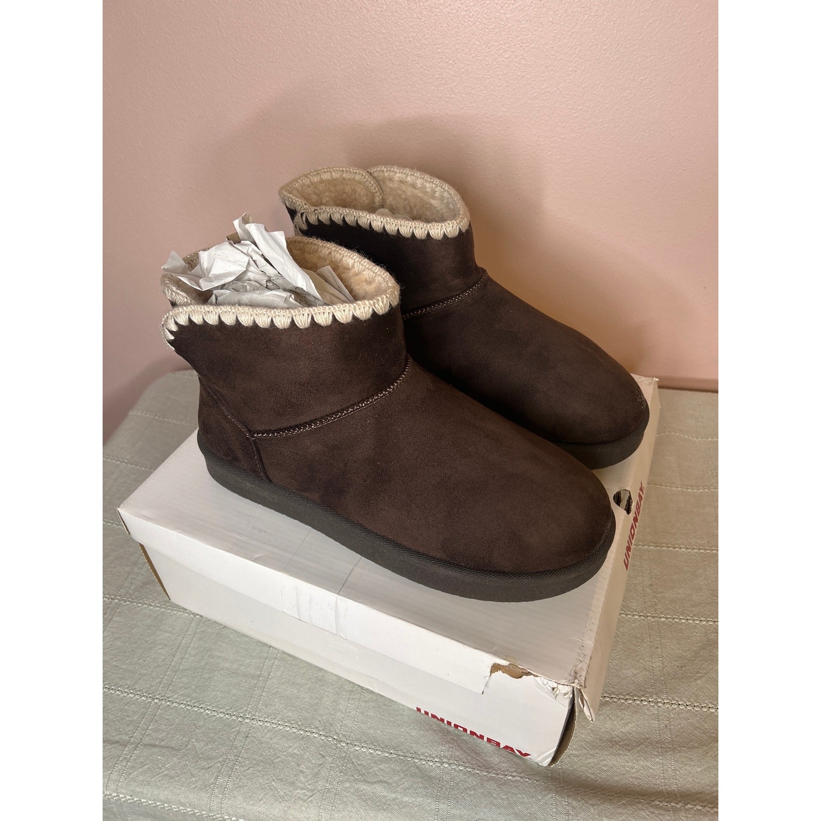 Unionbay Lisette Women’s Dark Brown Faux Suede Faux Fur Lined Ankle Boot Sz 11 M