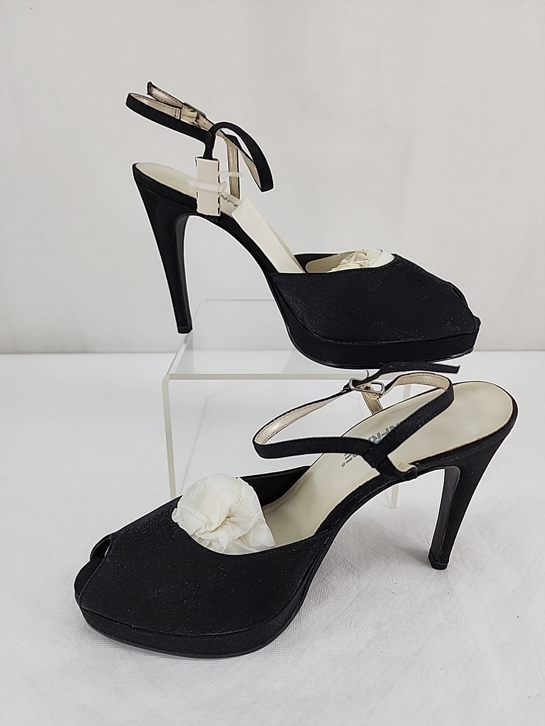 MAINFRAME Black Stiletto Heels 7.5 Shoes Ankle Strap Peep Toe 4.5″ Vintage Y2K