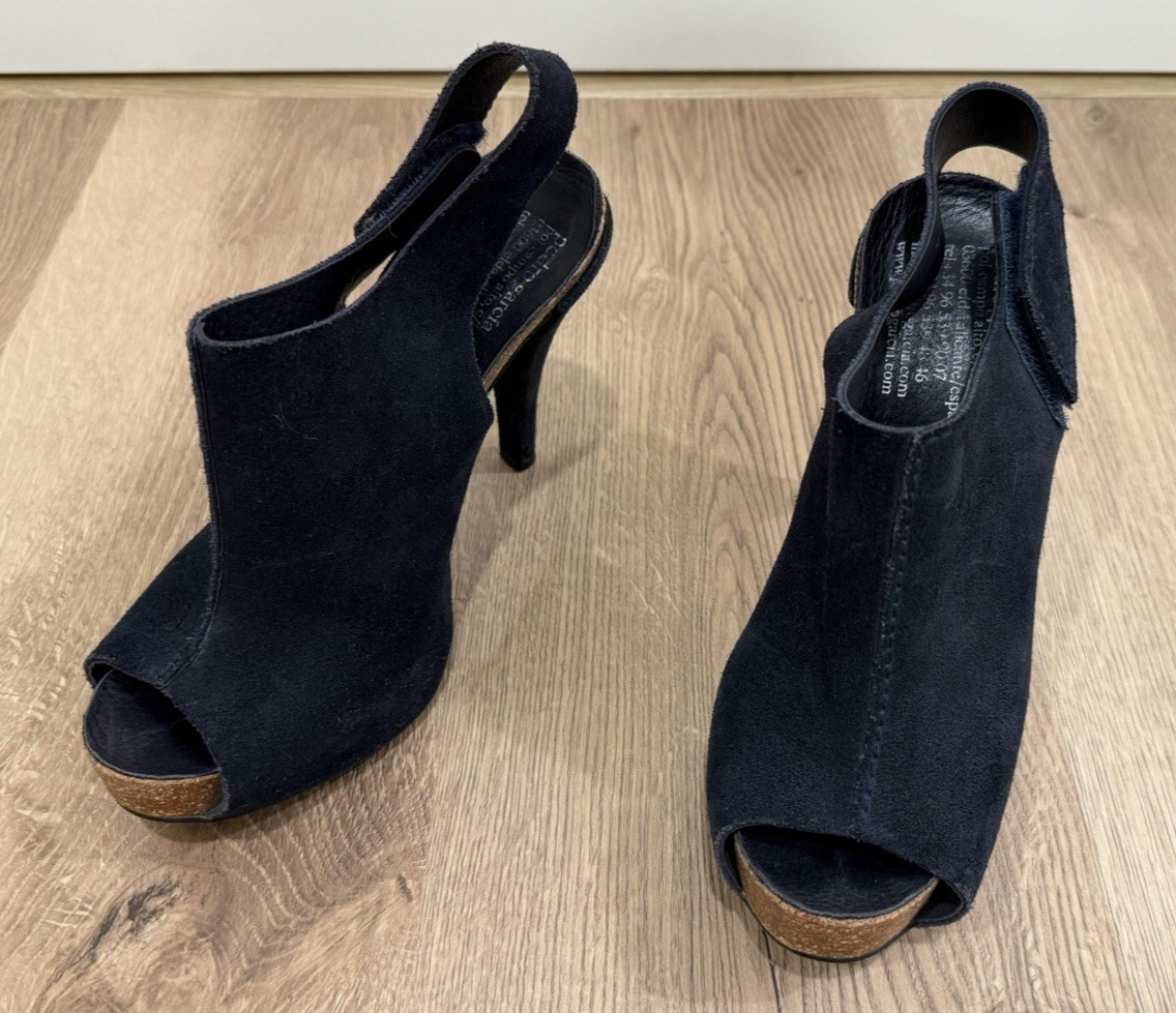 Pedro Garcia Paola Suede Peeptoe Slingback Platform Heels Blue Sz 37 Spain