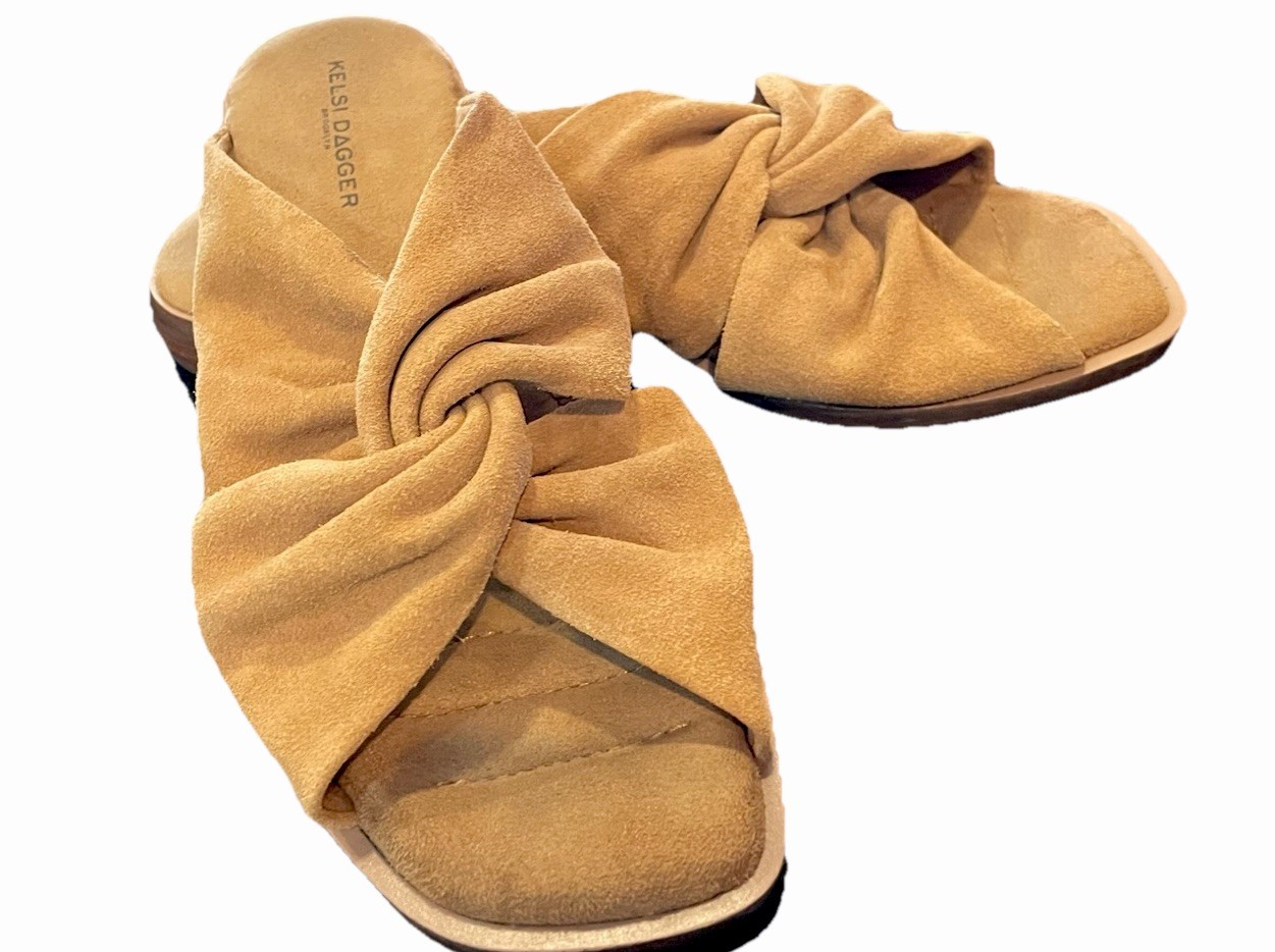 Kelsi Dagger Brooklyn Tan Suede Knotted Twist Slide Sandals Square Toe Mules 9