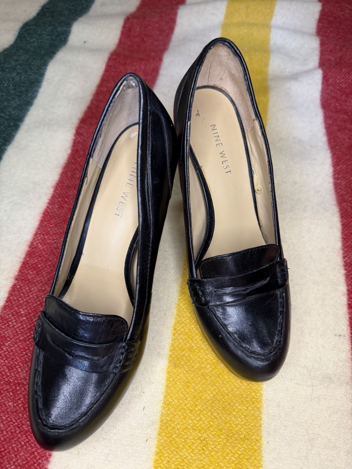 Nine West Black Leather Penny Loafer Stiletto Heel Pumps Size 7