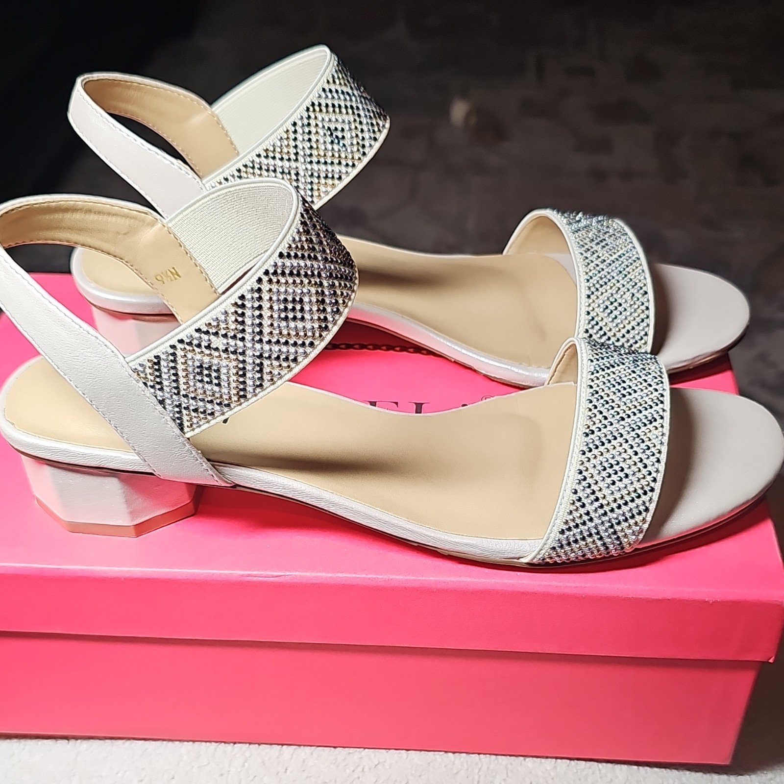 Vaneli Women’s Strappy Ankle Strap Rhinestone Leather Sandals White/Silver 9.5 N
