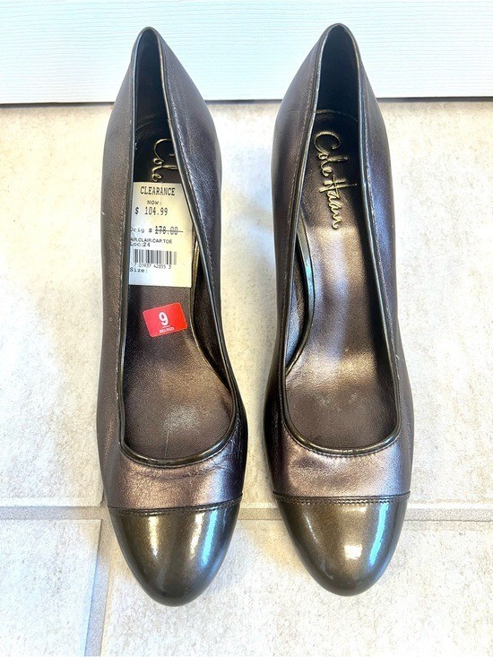 Cole Haan 9B Metallic Bronze Cap-Toe High Heels office leather sophisticated