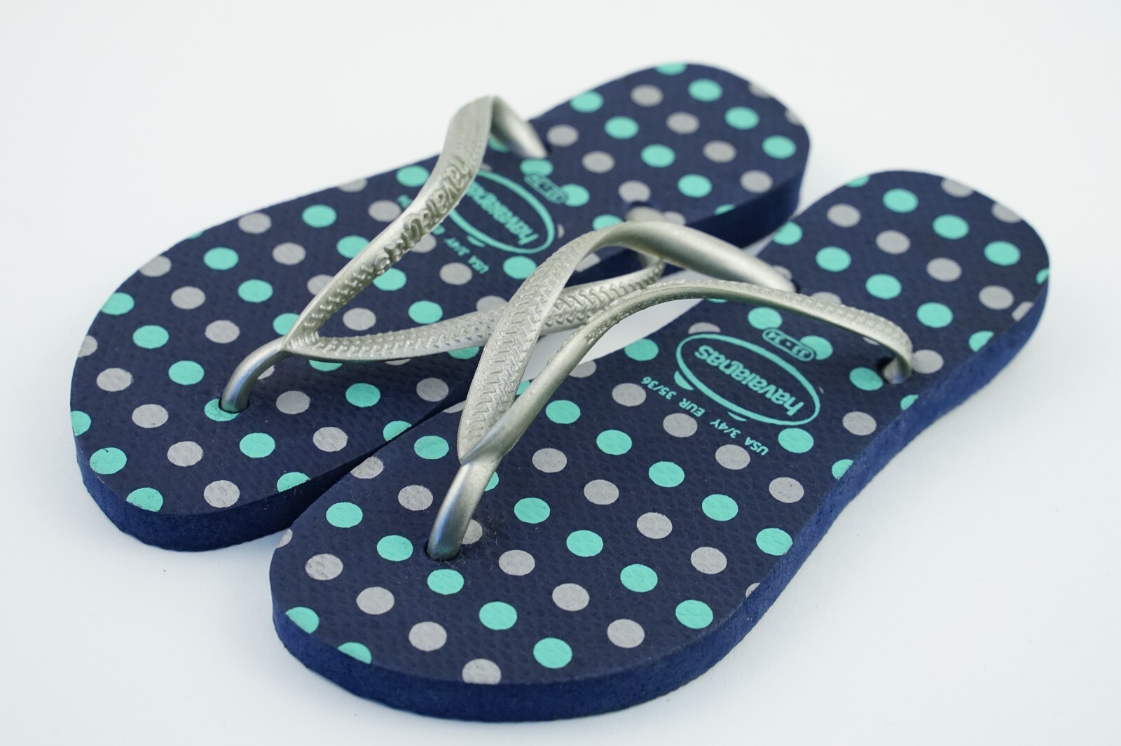 Blue/Teal Green Silver Poka Dots Havaianas USA 3/4Y Sandals EUR 35/36 (33/34)
