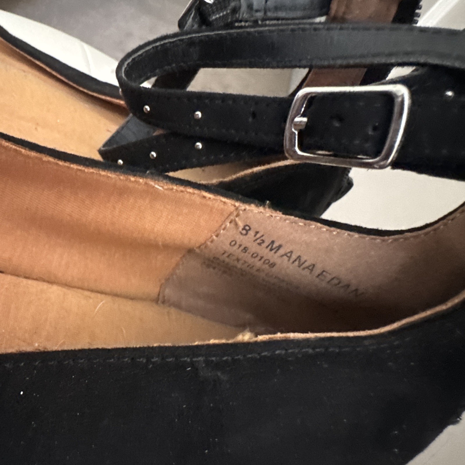 Mana Edan Black Suede Ankle Strap Buckle Flats Women’s Size 8.5