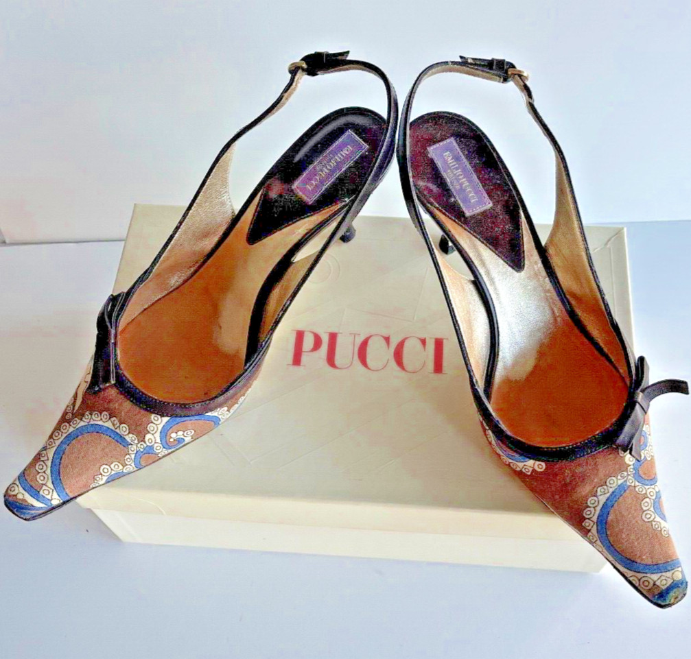 EMILIO PUCCI Firenze ITALY Leather Shoes Tan Blue Silk Slingback 3” Heels 36.5 B