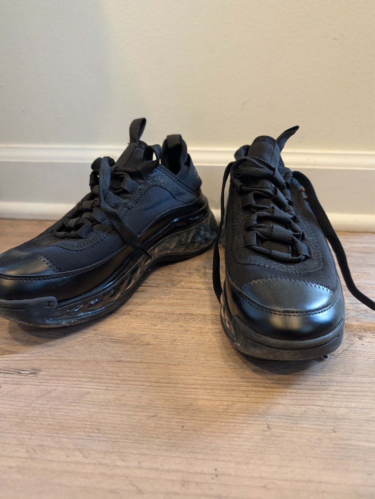 chanel lace up all black sneakers