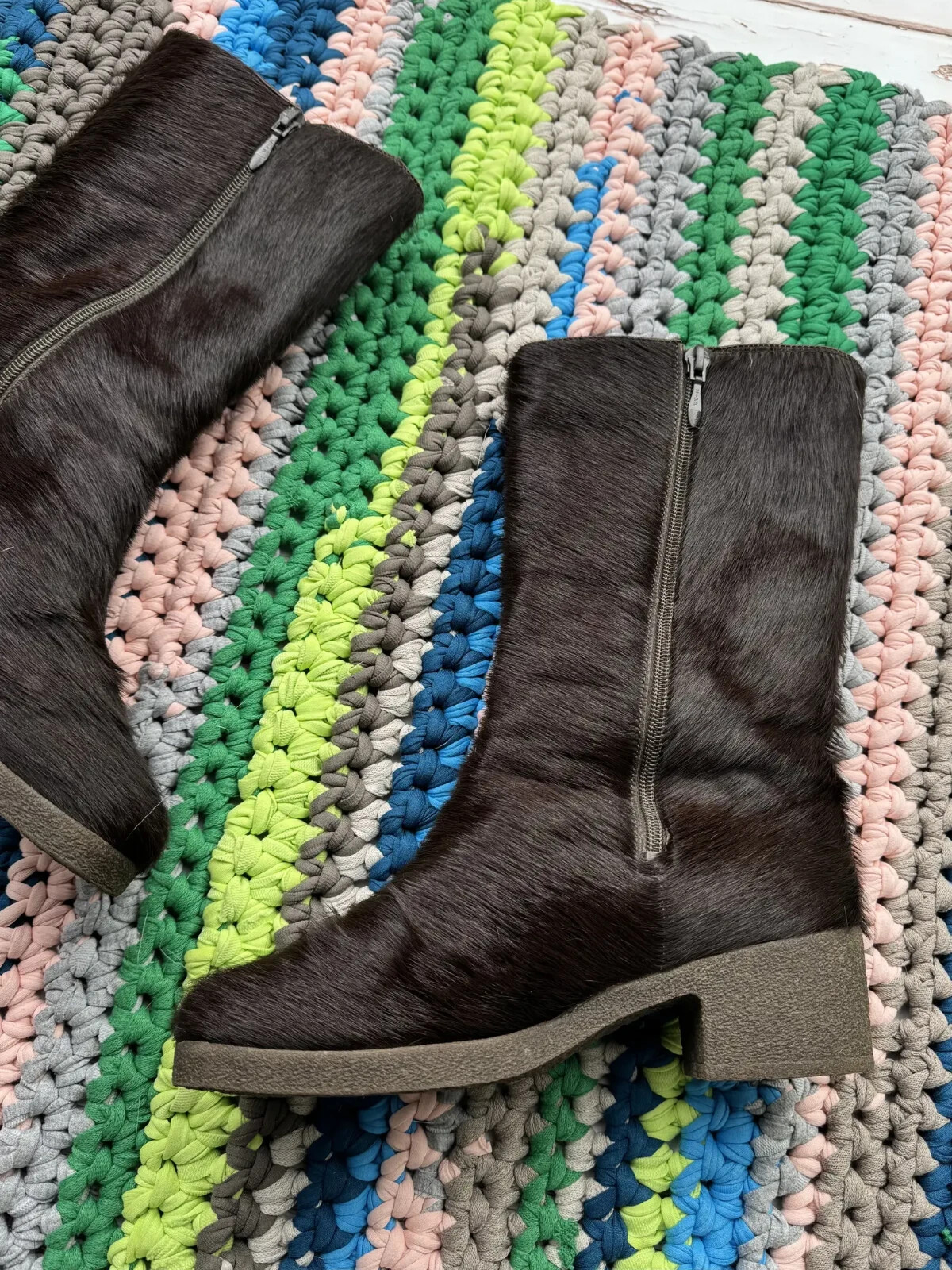 Vintage Women Real Fur Calf Hair Mid Calf Boots Chunky Sole Winter Leather Shoes