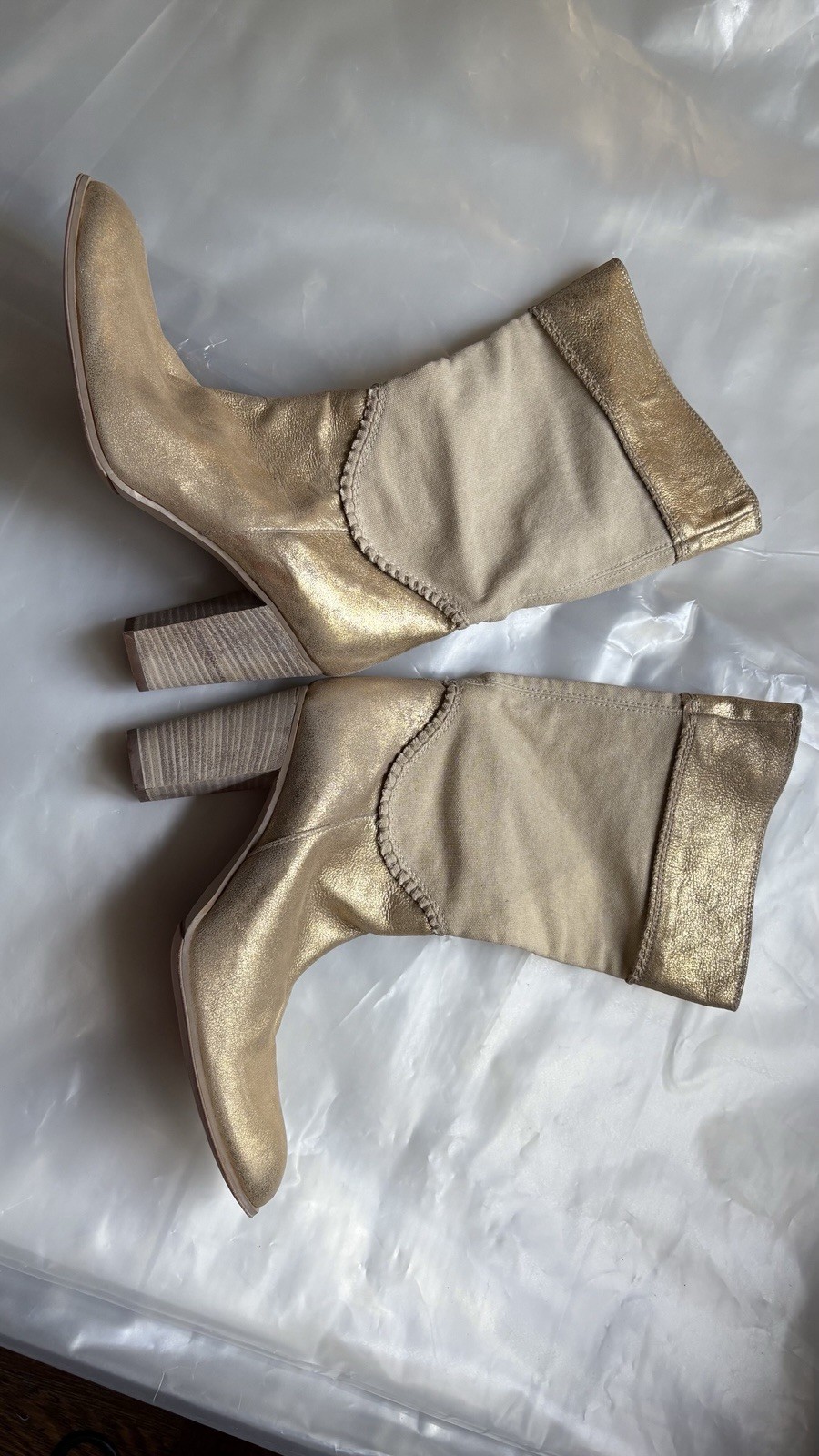 Luxury Boutique 58 Gold Ankle Boots Size 39. Gold Leather and Beige Canvas.