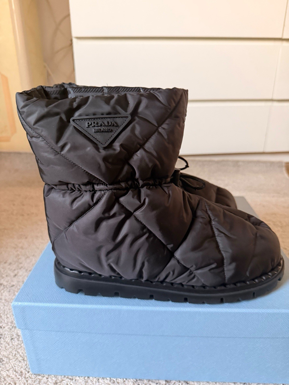 PRADA Milano Women’s Black Quilted Nylon Drawstring Lined Ankle Snow Boot 9.5
