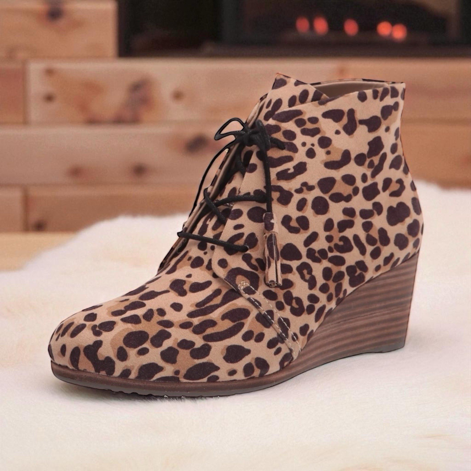 Dr. Scholl’s Dakota Tan Black Leopard Print Tassel Closed Chunky Wedge Lace Up 9
