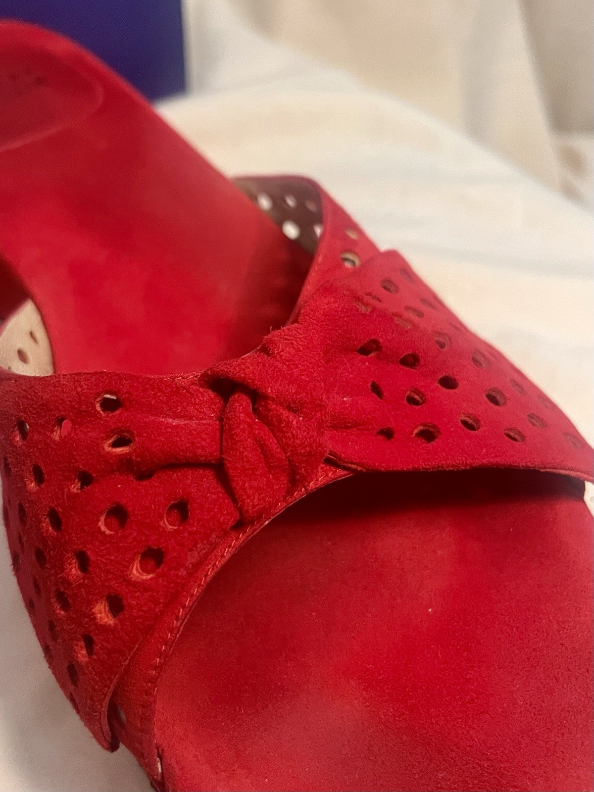 Stuart Weitzman Red Suede Perforated Bow Wedge Platform Slides ONS 9N