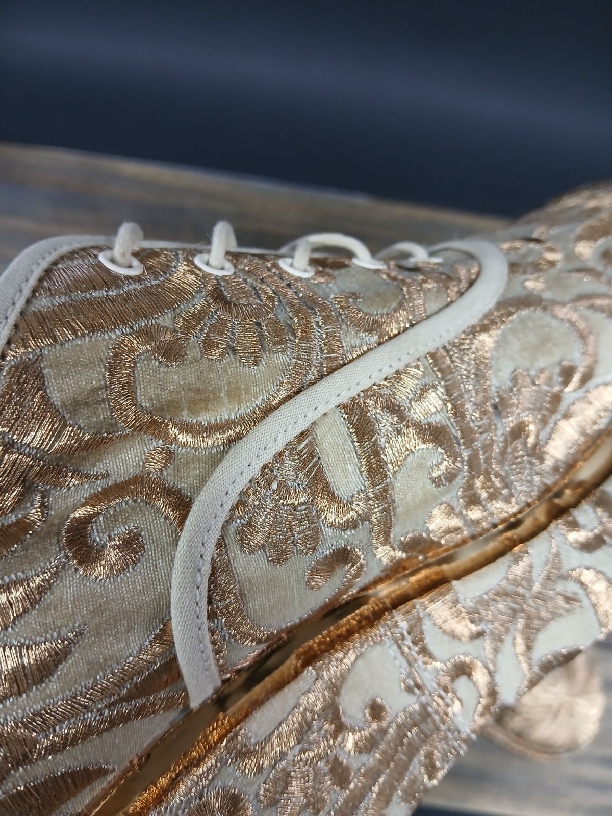 Tory Burch Platform Arden Oxford Shoes Gold Brocade Textile Leather Lining 9.5M