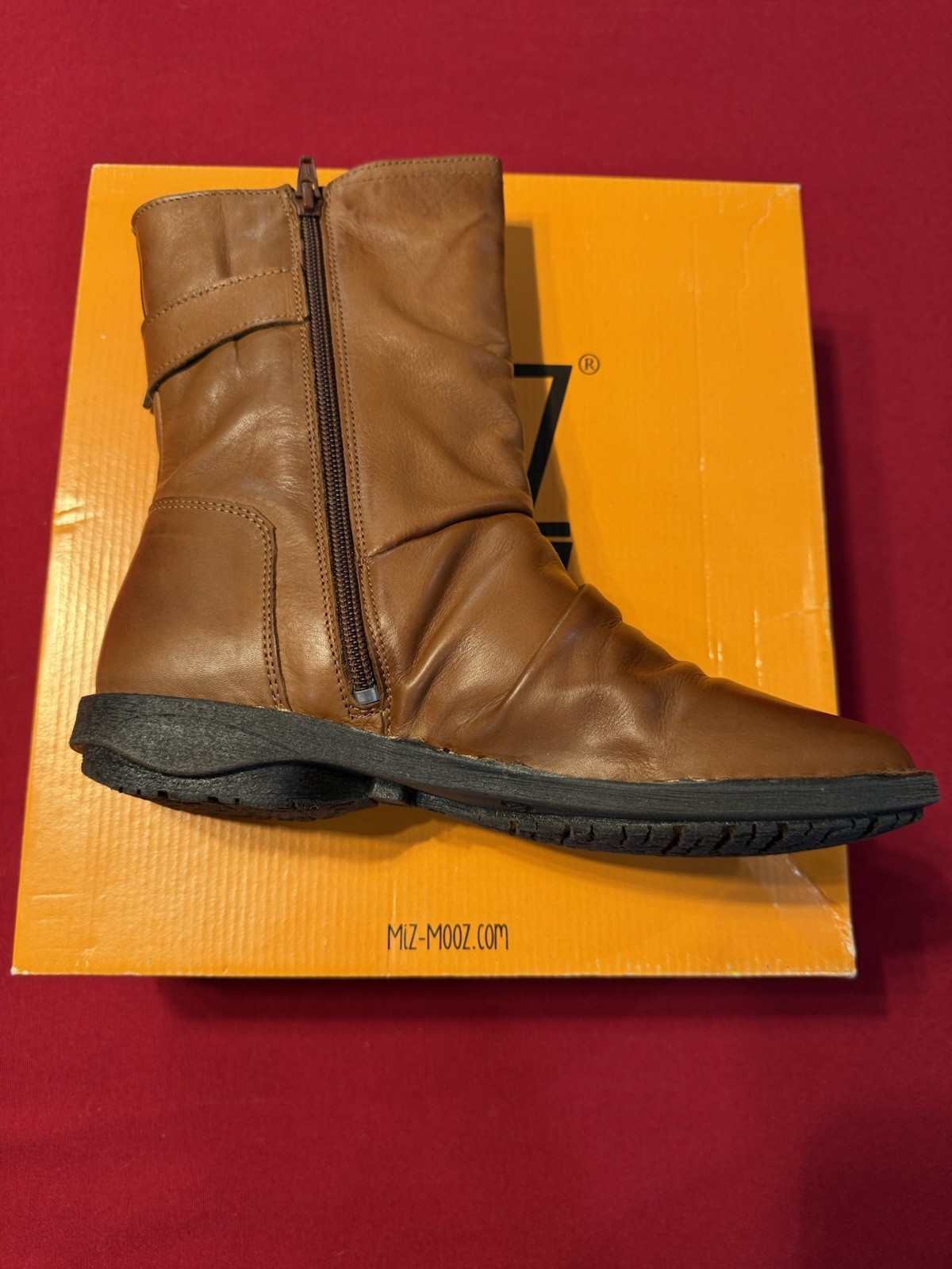 NEW Miz Mooz Parade Leather Buckled Mid Boots Brandy Women’s EU 38 7.5-8 US