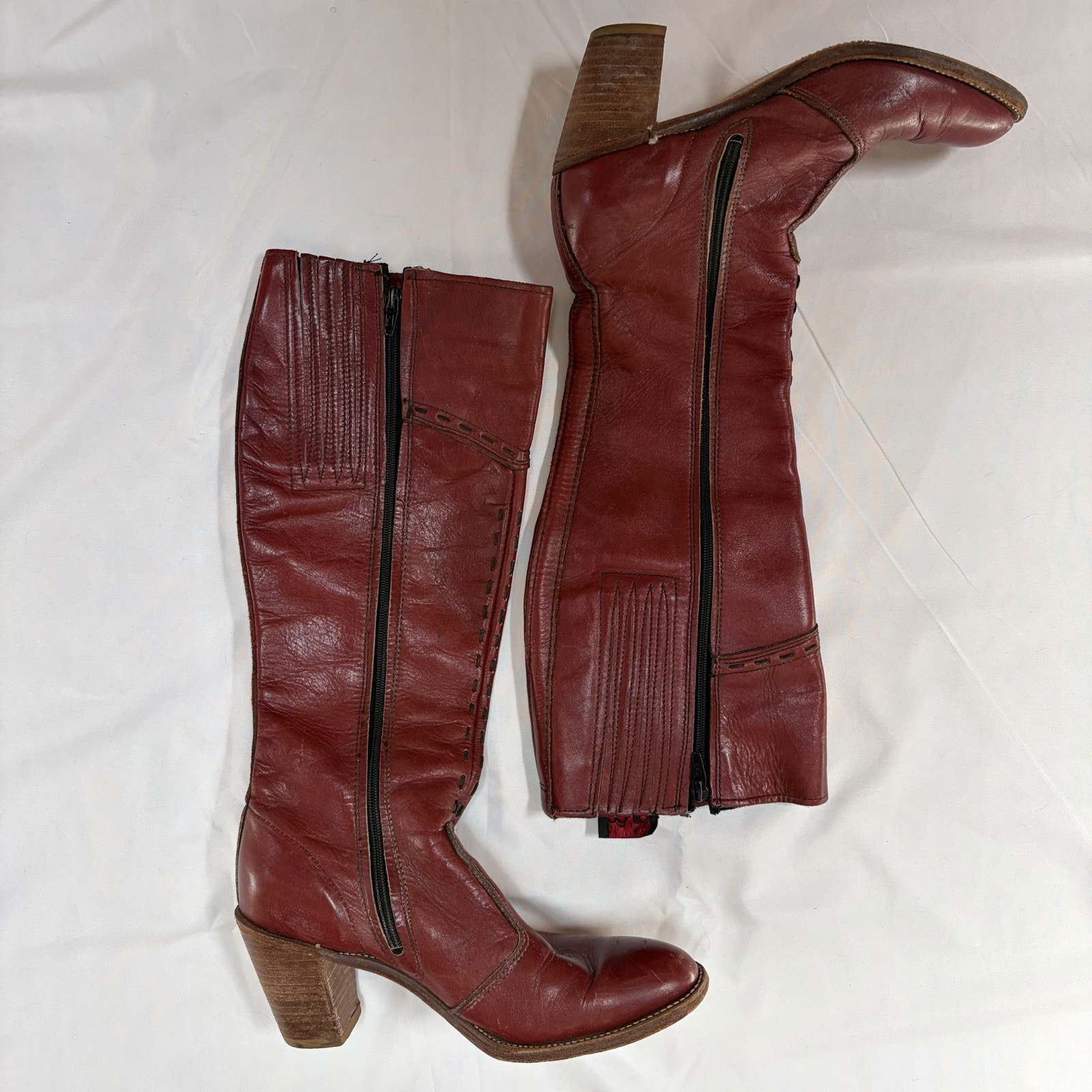 Dingo Campus Women’s Red Leather Knee High Chunky Stack Boots Zip Round Toe 8.5