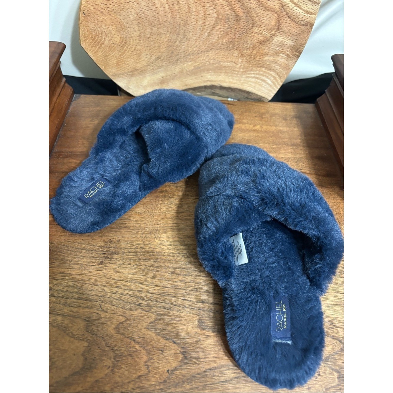 Rachel Rachel Roy Navy Plush Faux Fur Cross Band House Slippers Women’s M 7-8