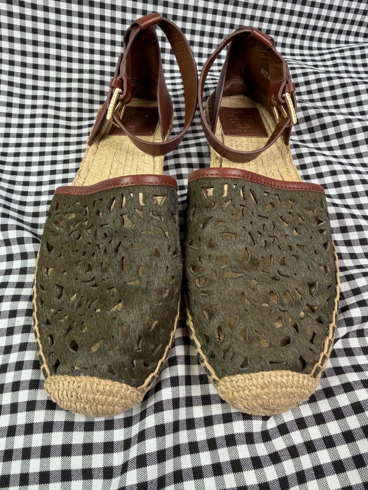 Tory Burch Eleanor Woven D’Orsay Espadrille Flats Womens 7 Olive Green Calf Hair