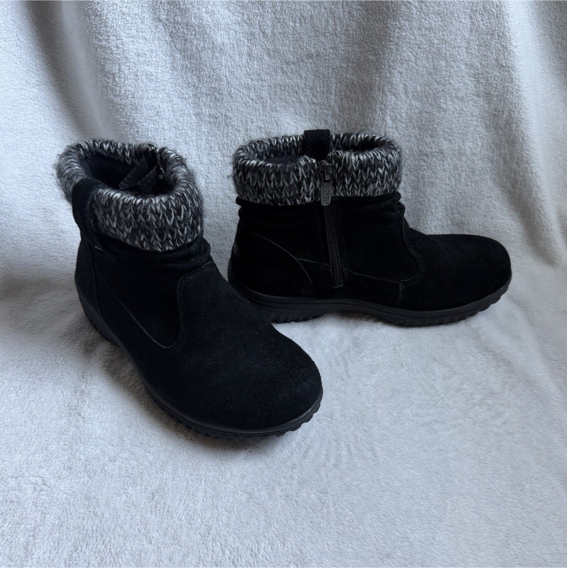 black faux fur ankle boots with grey fuzzy trim