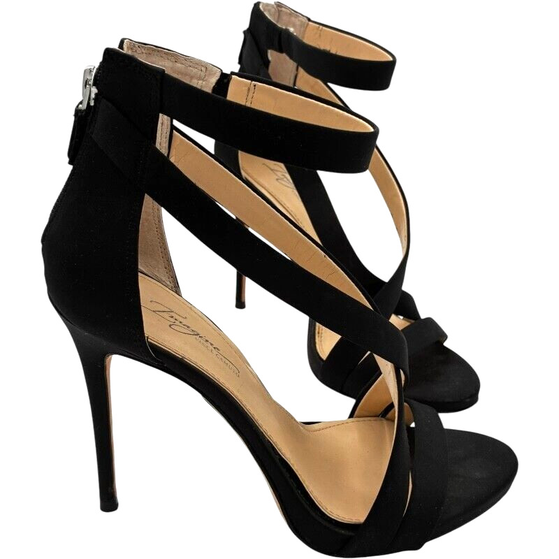 Imagine Vince Camuto Devin Women’s 7M Strappy Black Satin Zip-up 4.25 in Heels