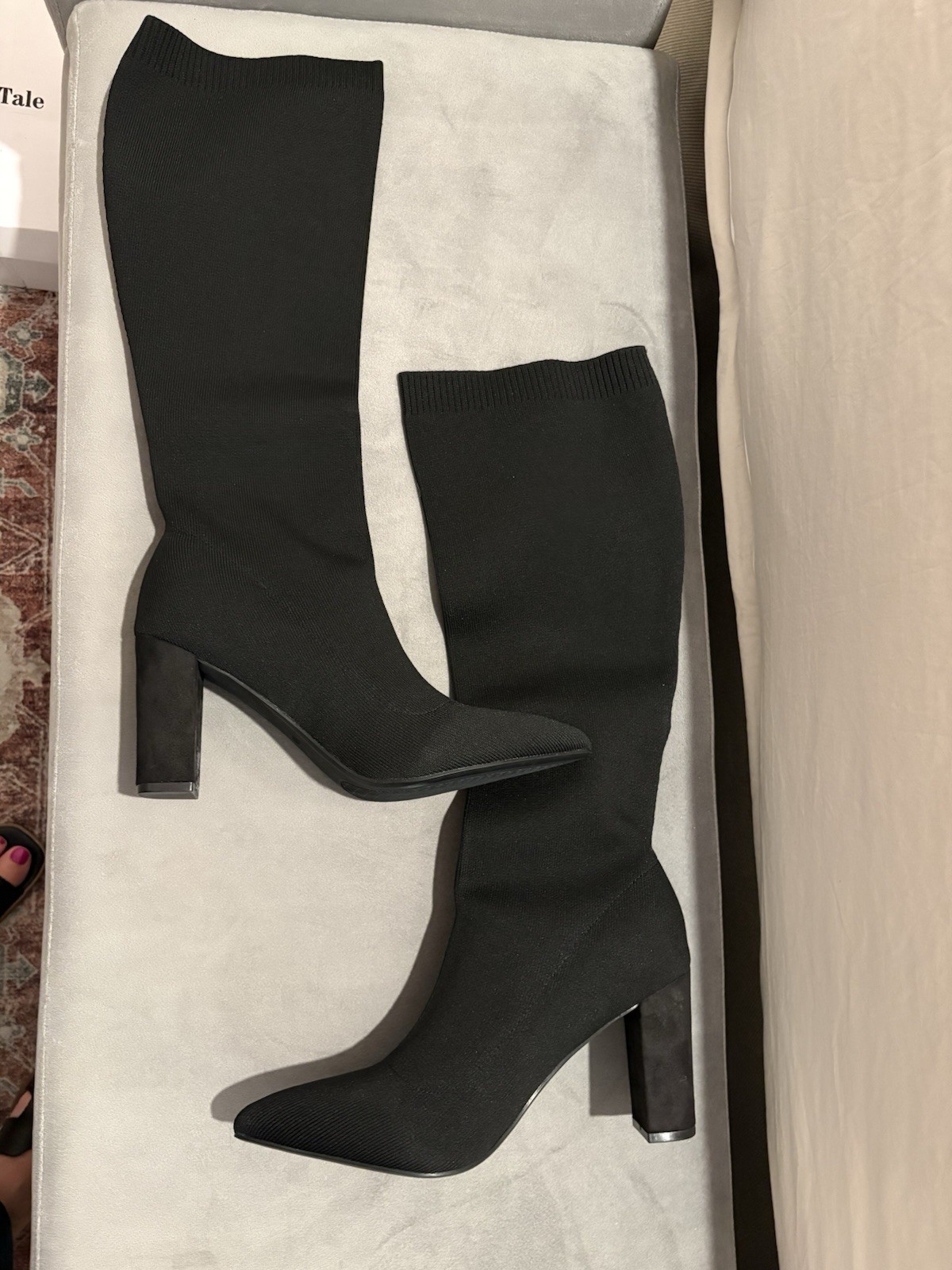 NEWBELLA Black Knit Sock Knee High Boots Pointed Toe Block Heel US 10 NIB