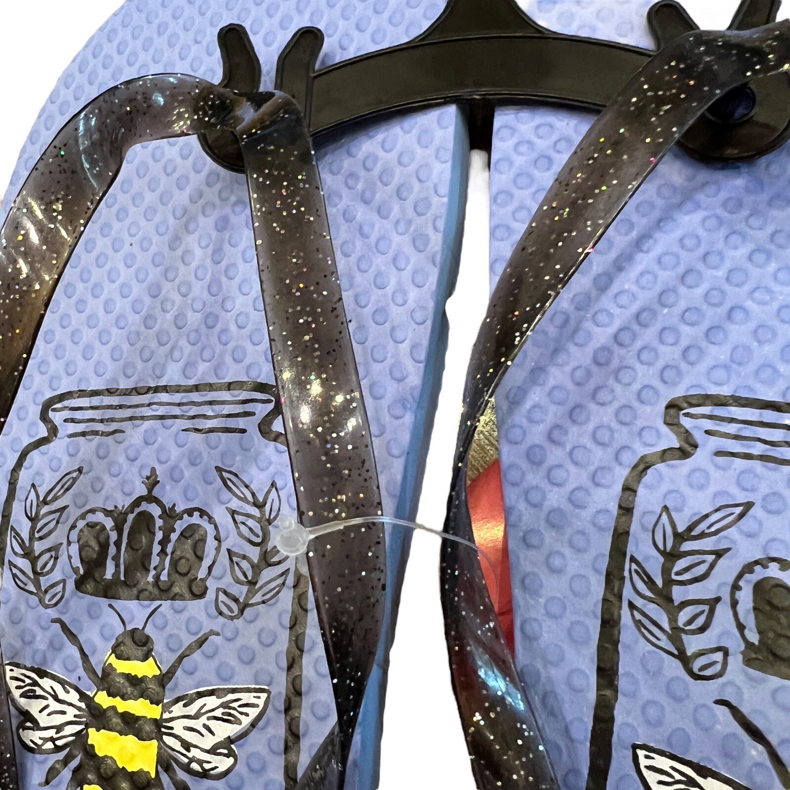 New Size M 7/8 “Bee Positive” Summer Rubber Flip Flops, Glitter Straps