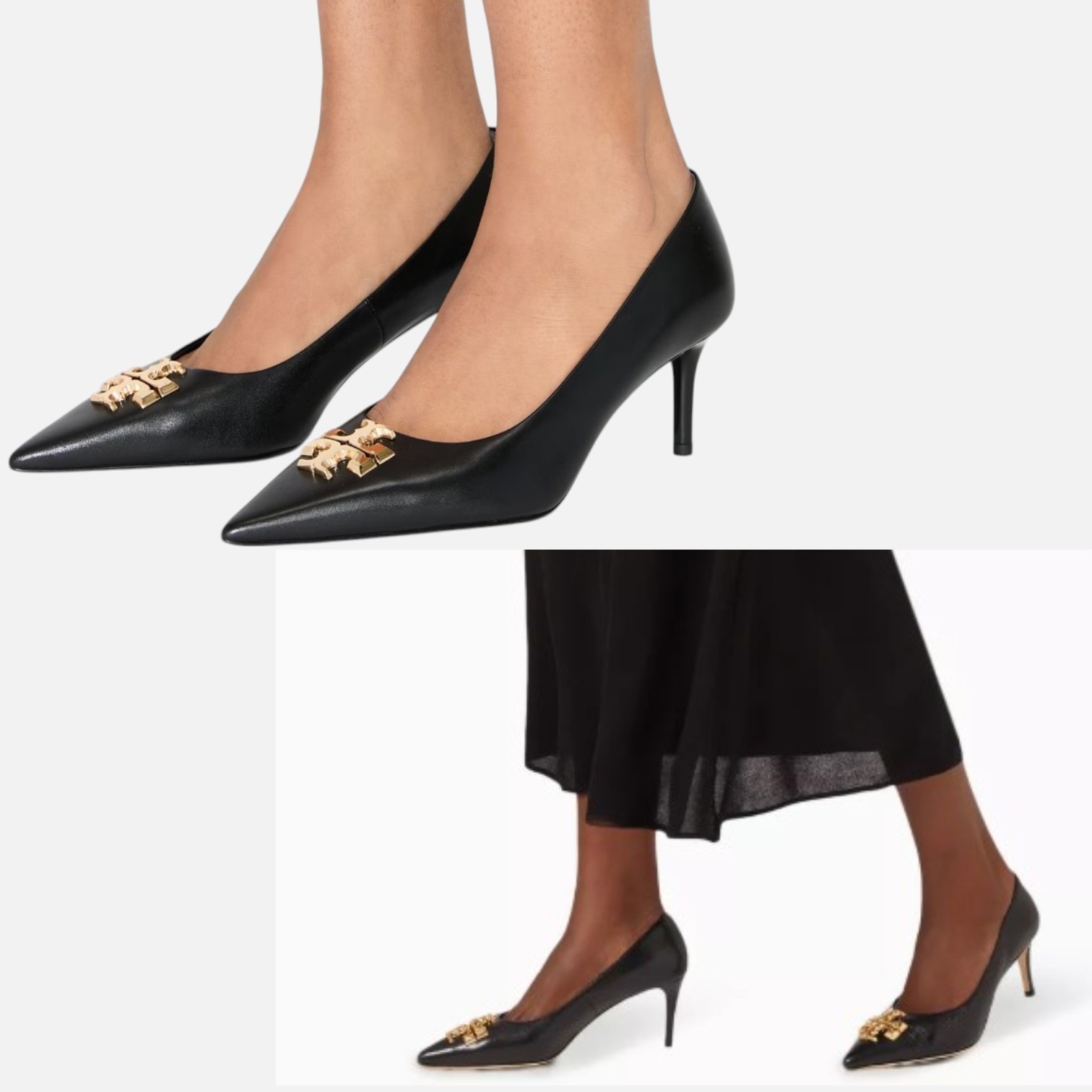 Tory Burch Eleanor 65 Pumps Black Leather Gold Logo Pointed Toe Heels Size 6.5