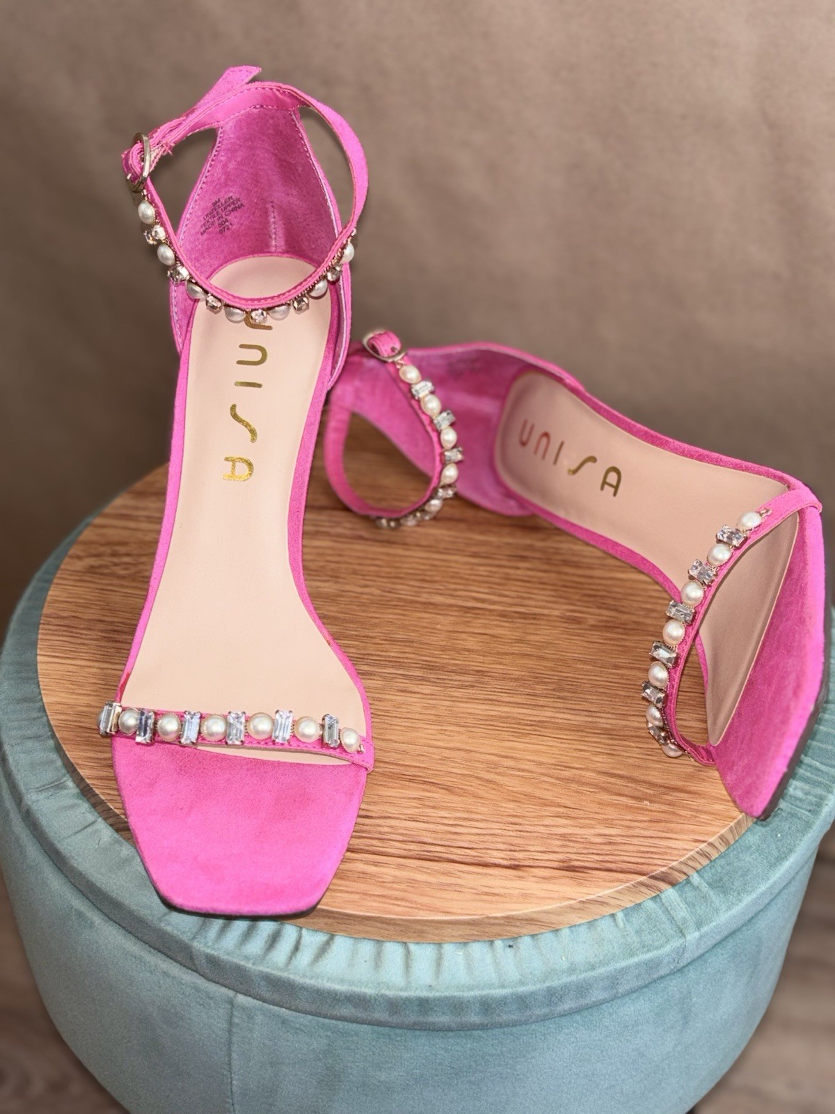 Hot Pink Pearl & Crystal Embellished Ankle-Strap Heels. Size 9