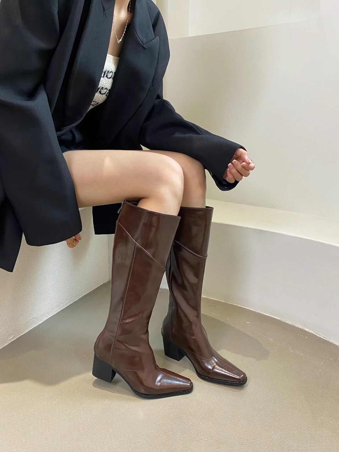 Womens New Square Toes High Heels Thin Leg Boots Knee High Long Boots Spring