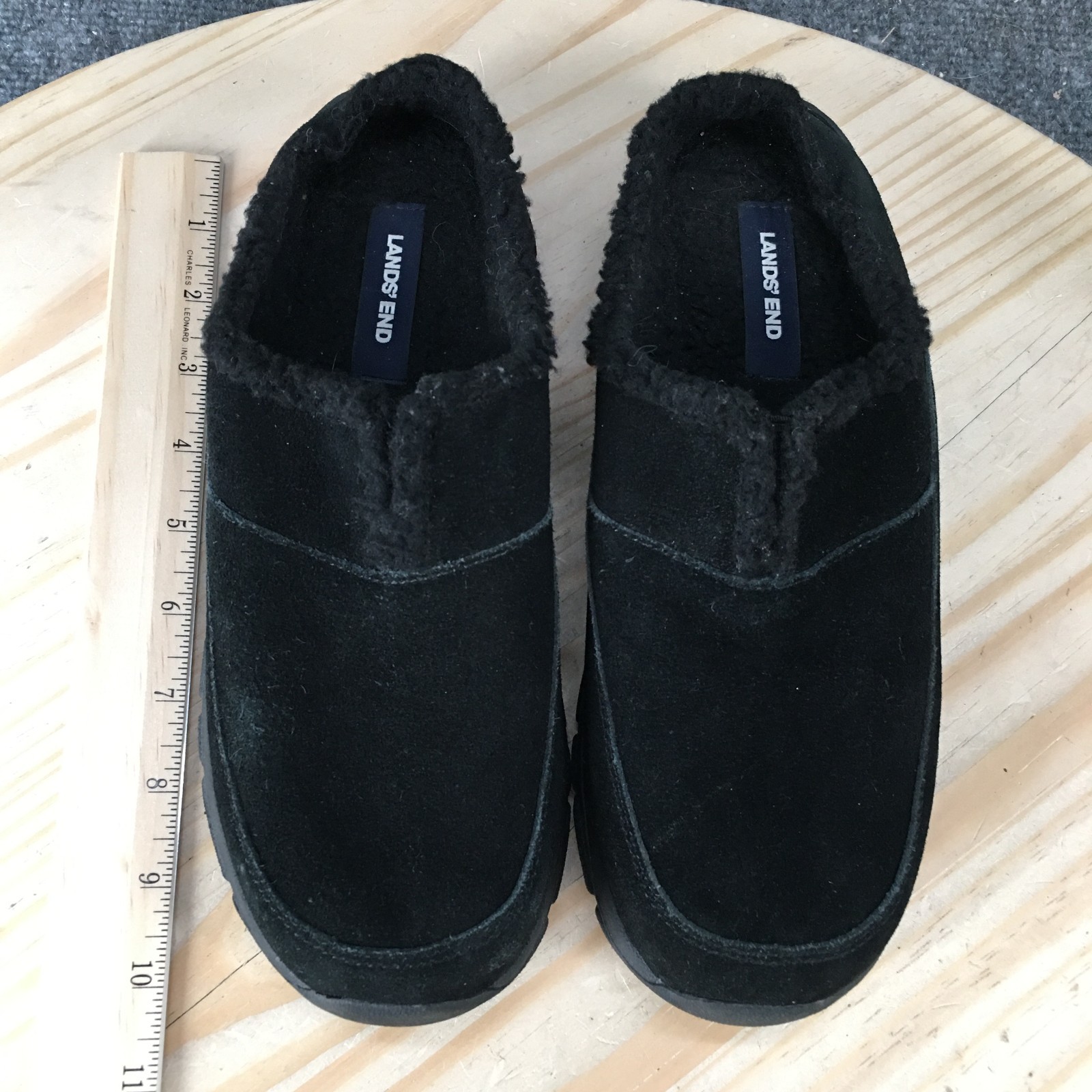 Lands End Shoes Womens 8 B Black Suede Slip On Clog Faux Fur Lined Comfort