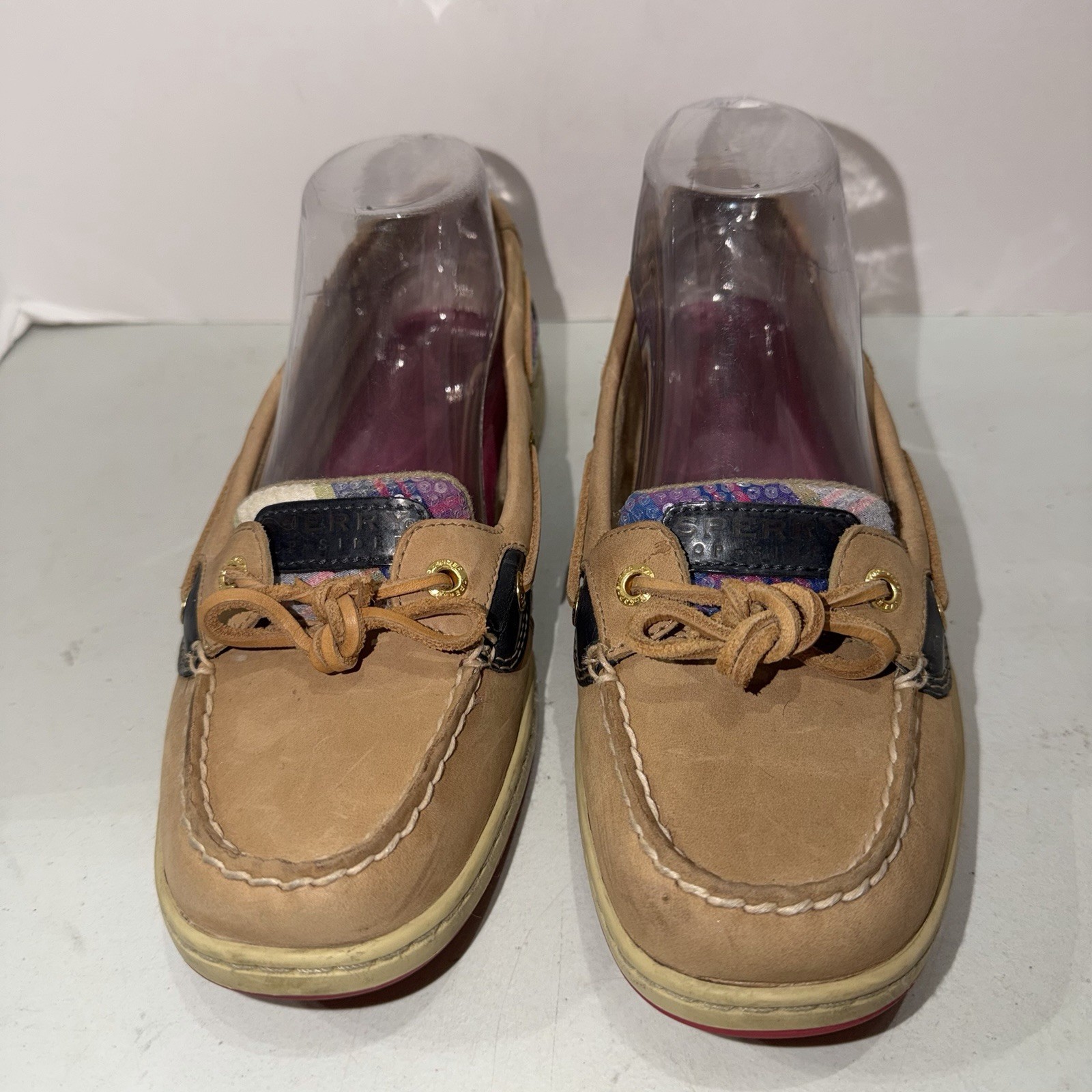 SPERRY Top Sider Anglefish Beige Leather Multicolor Plaid Boat Shoes Size 8.5