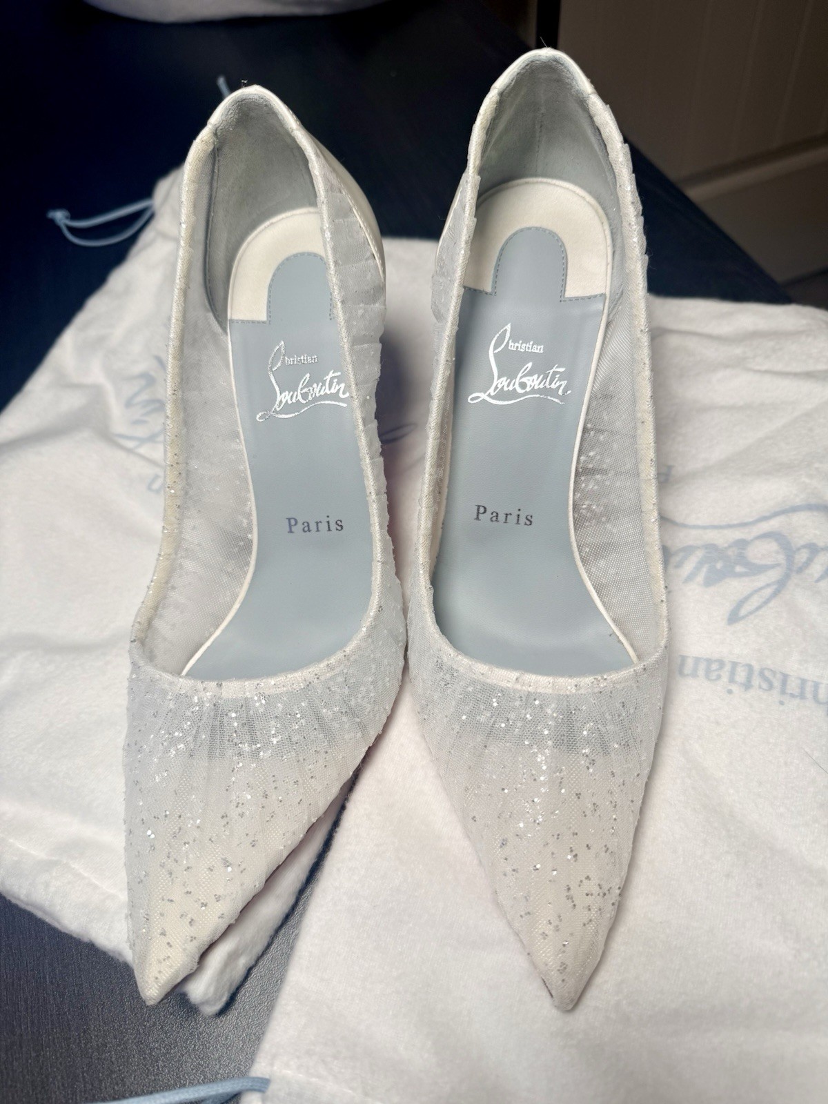 Christian Louboutin Kate Draperia 85 Bridal Pumps White Silver EU 38.5/US 8.5