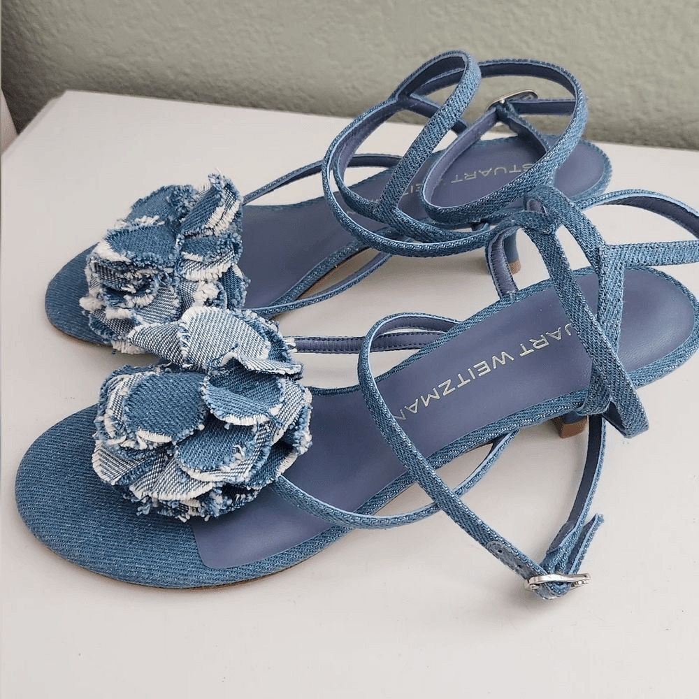$495 Stuart Weitzman Belize 50 Stappy Sandal In Denim 7B