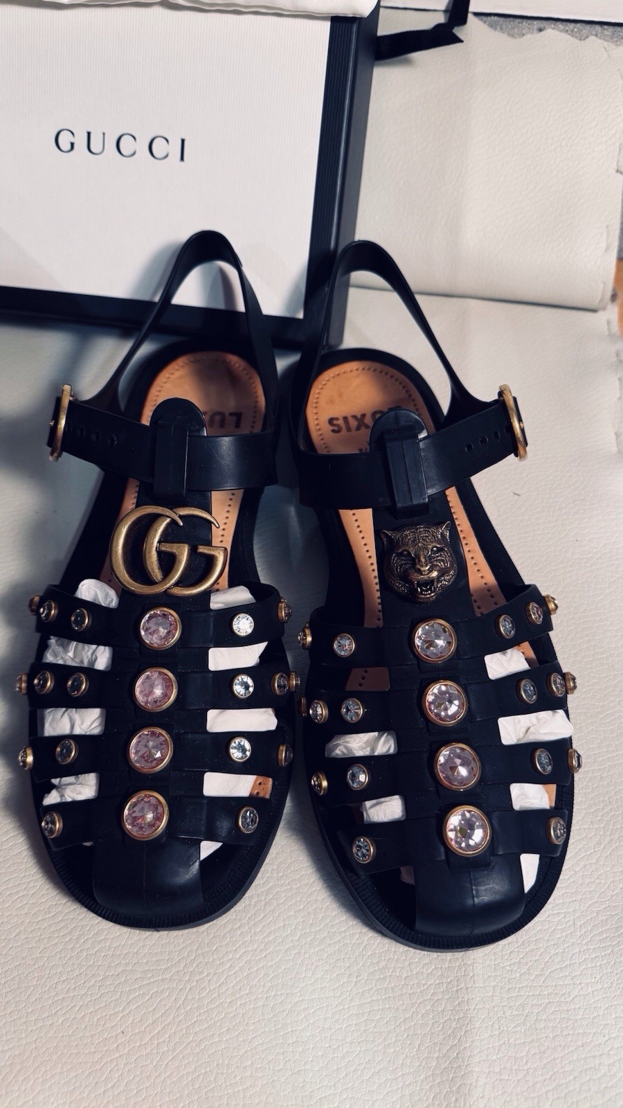 Gucci Marmont Crystals Bezel Cage Fisherman GG Feline Head Rubber Sandals 39 Bag